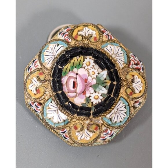 Vintage Italian Micro Mosaic Pendant Pink Rose Flower Square Brass Daisy - Picture 1 of 11